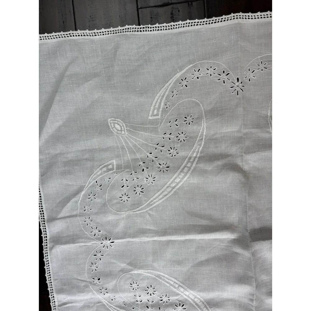 Vintage Hand Embroidered Linen Card Table Cloth Solid White 35